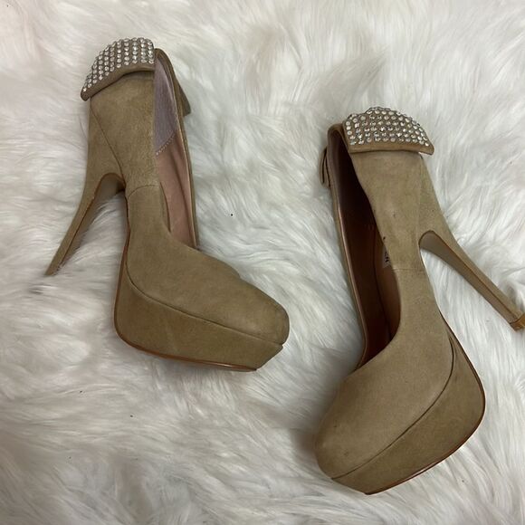 Steve Madden Cake Suede Nude Heels with Rhinestone Bow Size 7.5 B-25 - Picture 7 of 11